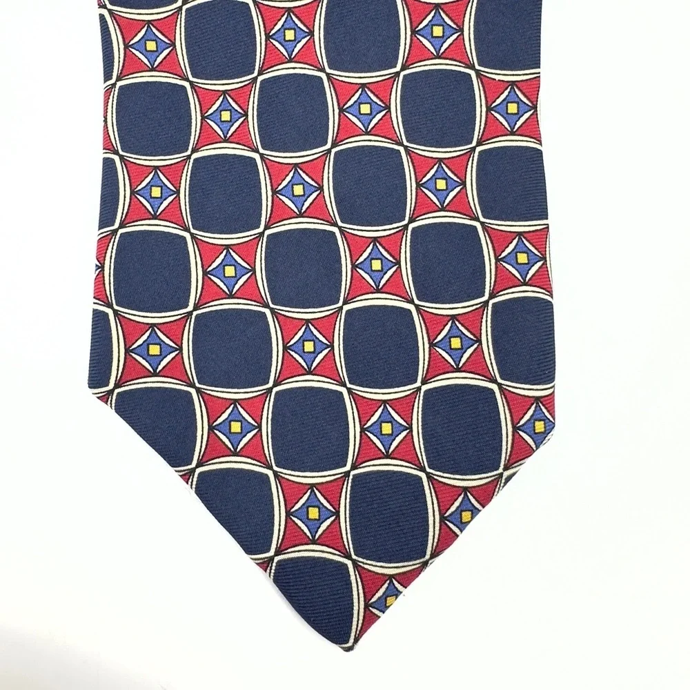 Polo Ralph Lauren Vintage Silk Tie Blue Red Yellow Cream Geometric Made In USA